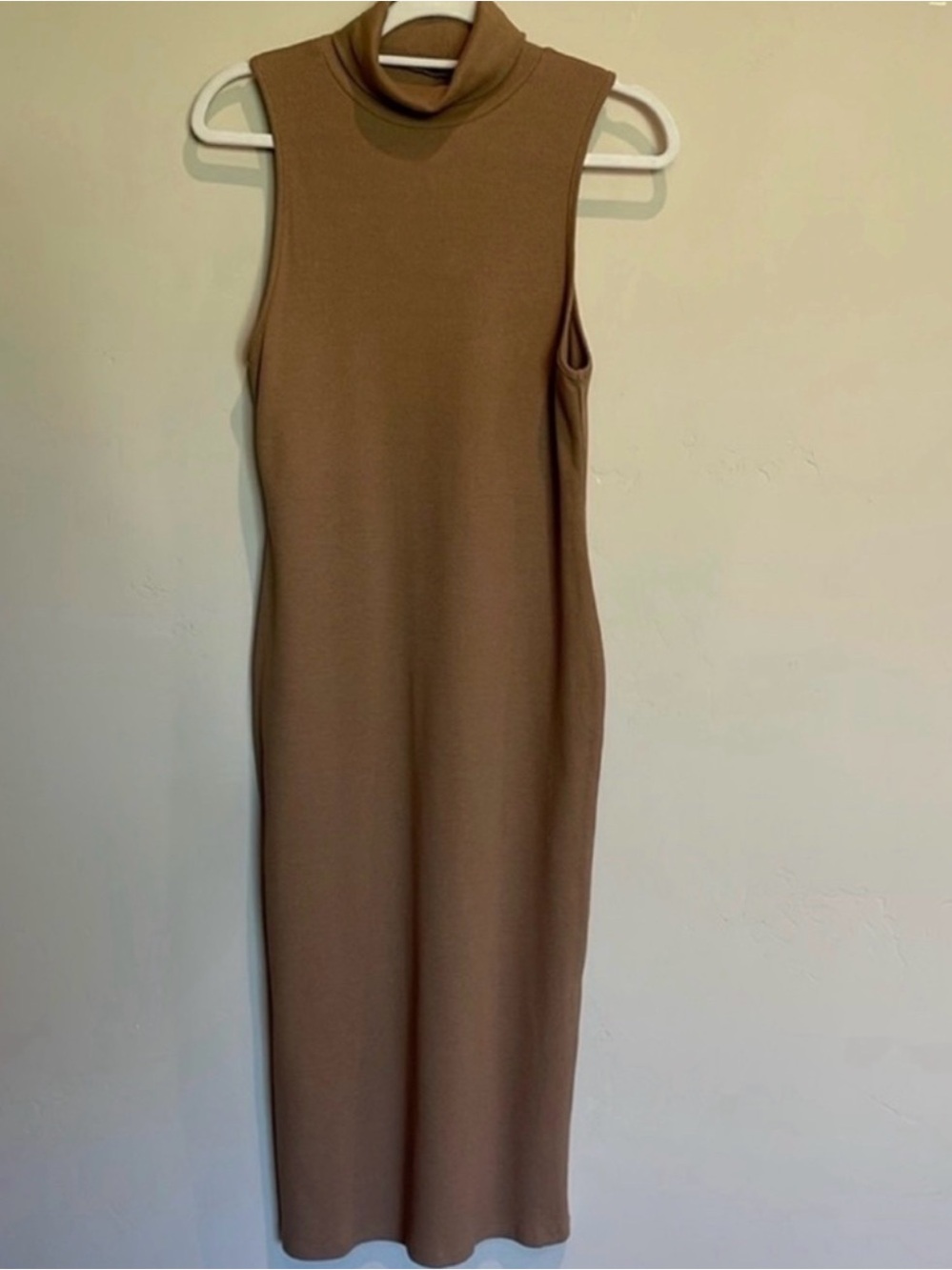 Zara Mocha Brown Ribbed Midi turtleneck Bodycon dress s L - Picture 4 of 4